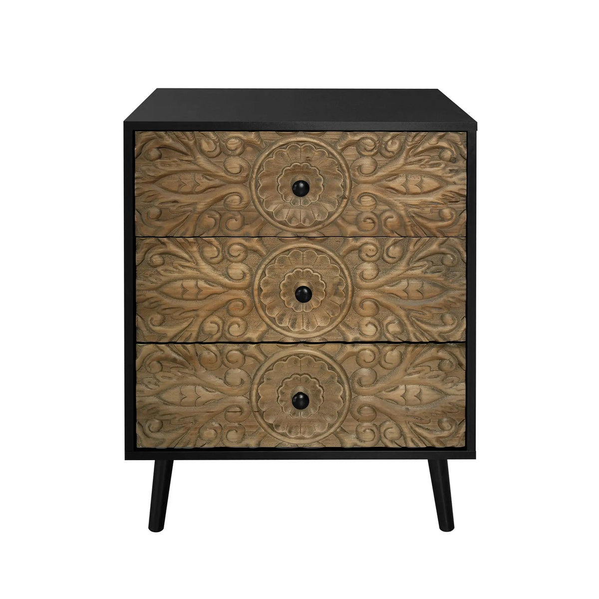 3 Drawer Nightstand | Solid Wood Panel | Hand Carved Relief | Black