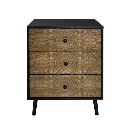 3 Drawer Nightstand | Solid Wood Panel | Hand Carved Relief | Black