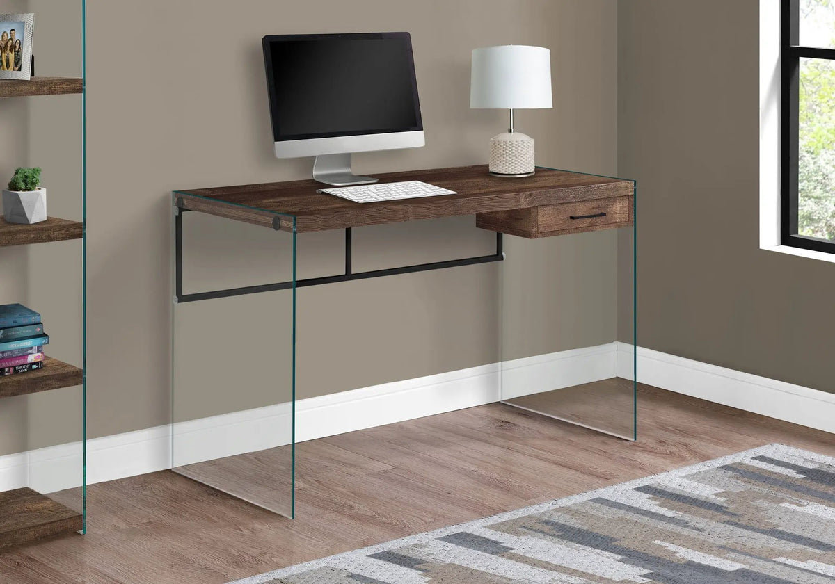 Contemporary Computer Desk | Tempered Glass Frame | Storage Drawers | 48 Inch Length