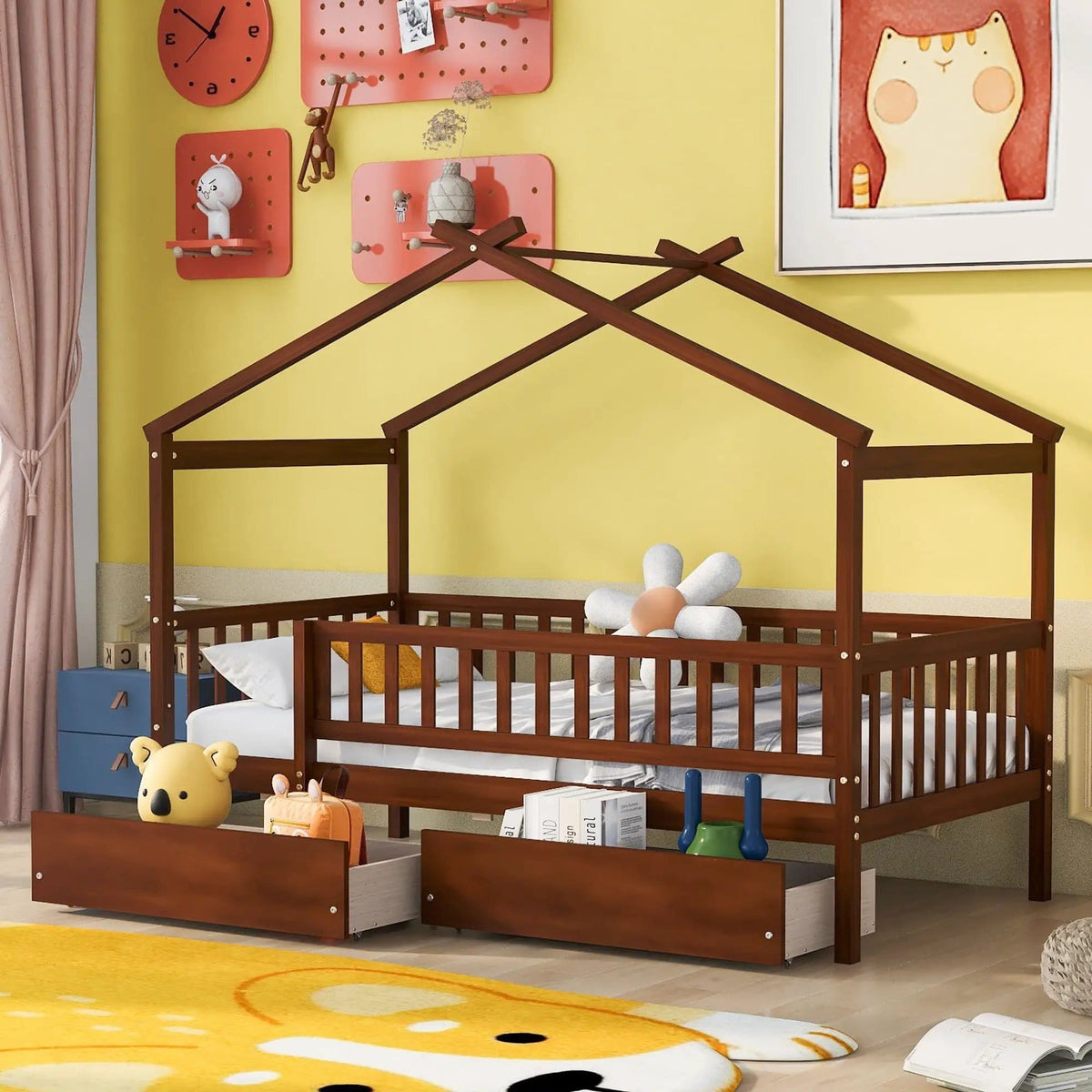 Kids House Bed With 2 Drawers | Sky Roof Design | Classic House Shape | 62.9 Inch Height