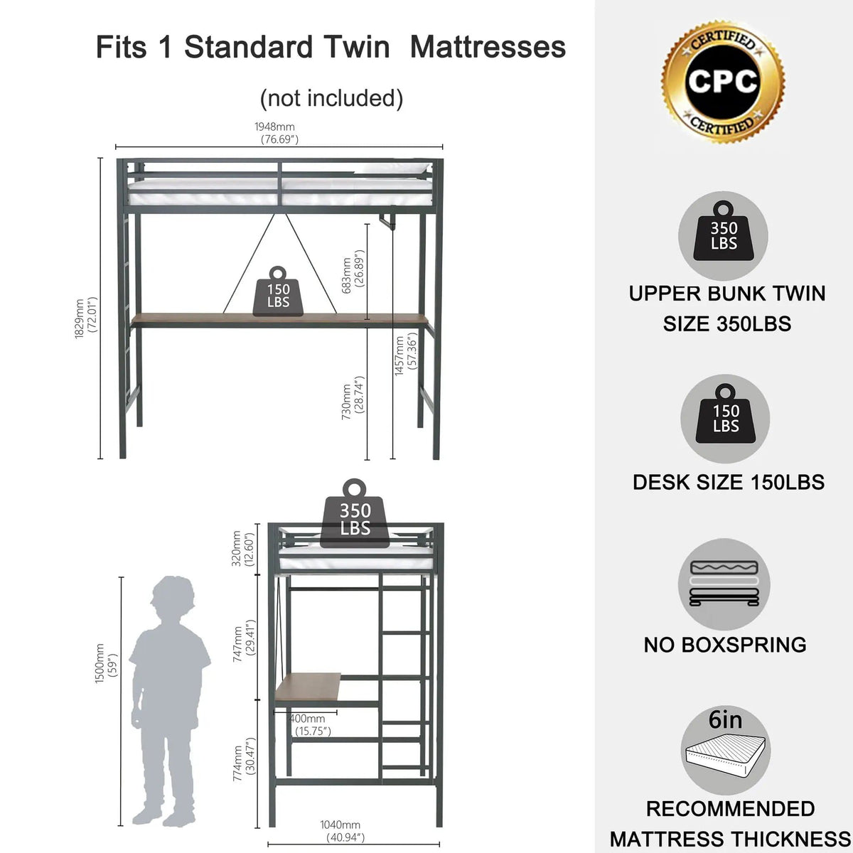 Adam Twin Loft Bunk Bed With Cinnamon Wood Desk And Closet Rod | 76.69 x 40.94 x 72.01 in | Metal & Wood | Black
