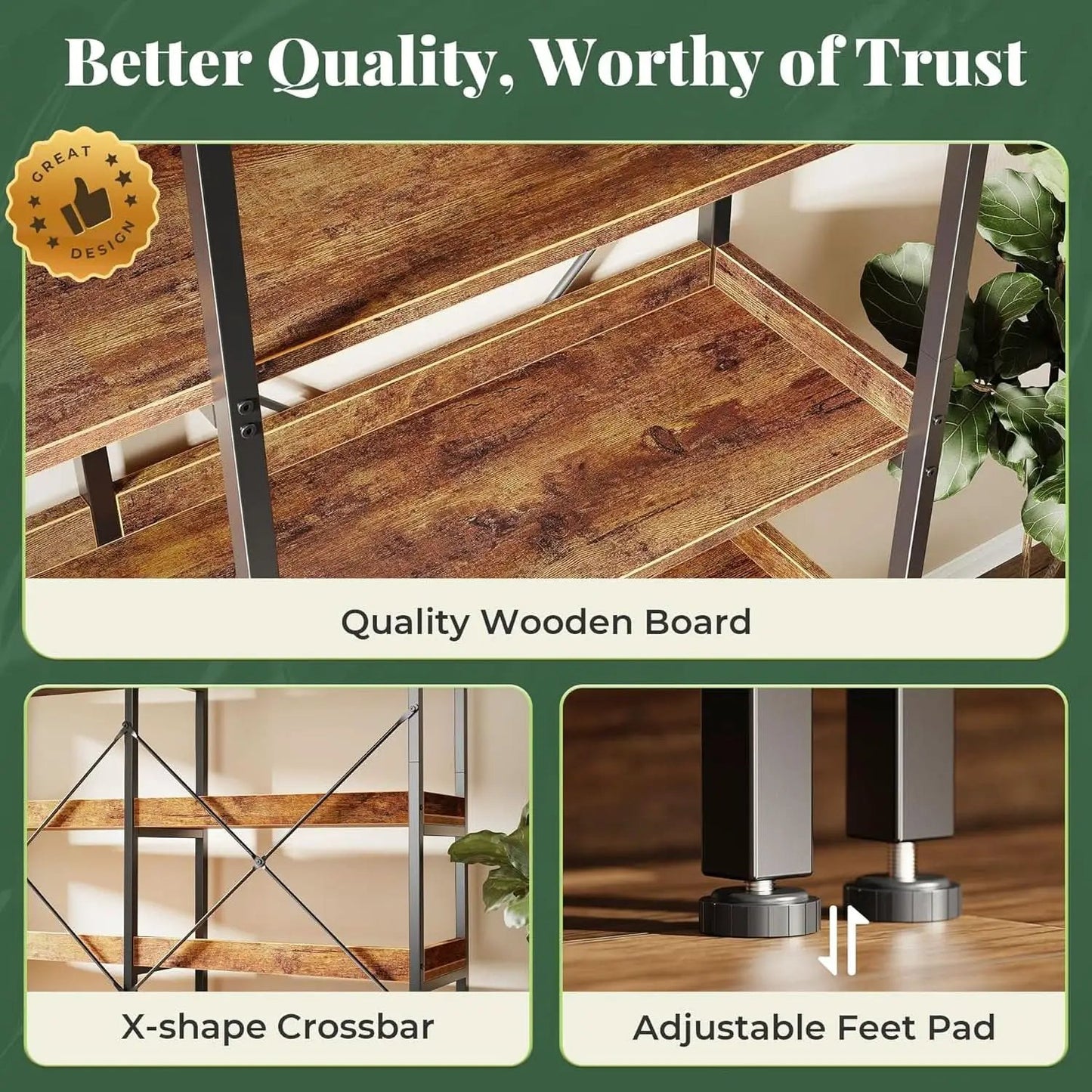 Rustic Brown 5 Tier Bookcase With Raised Edges For Living Room from PriceLows™