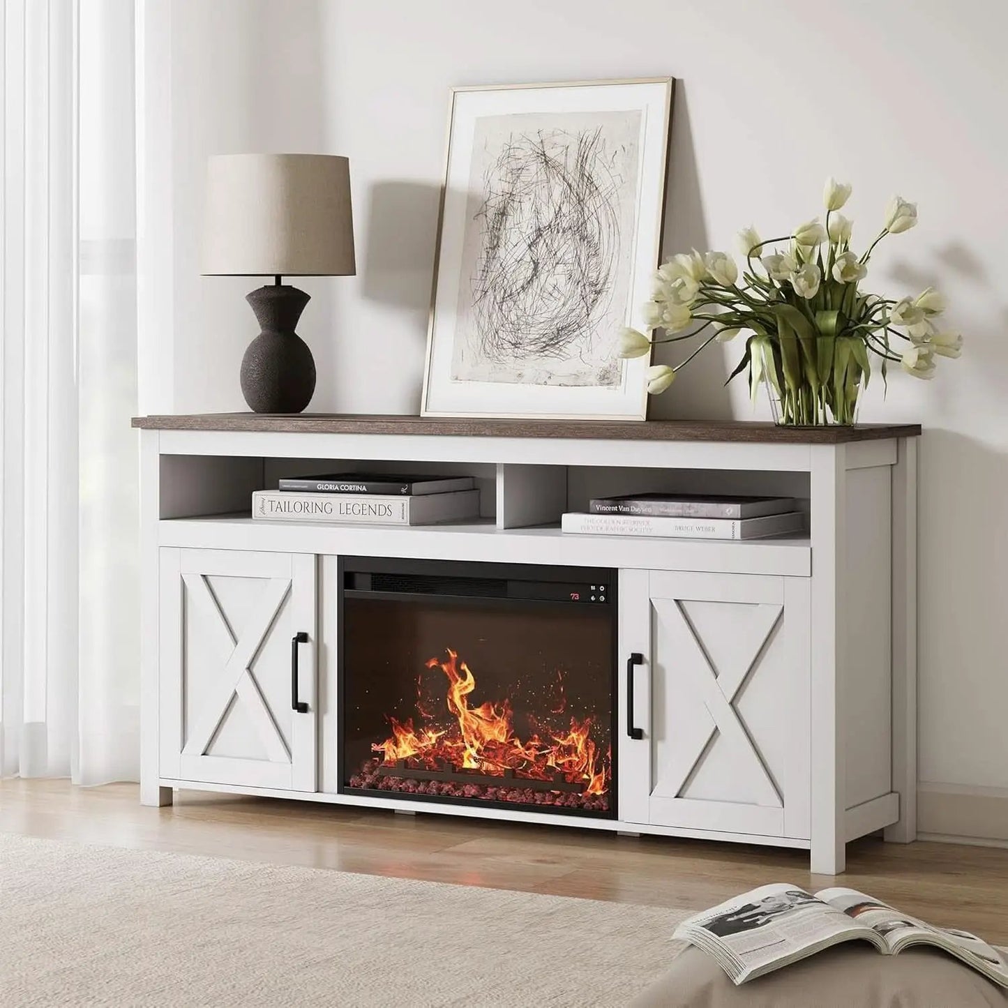 58 Inch White Farmhouse Fireplace TV Stand Cabinet from PriceLows™