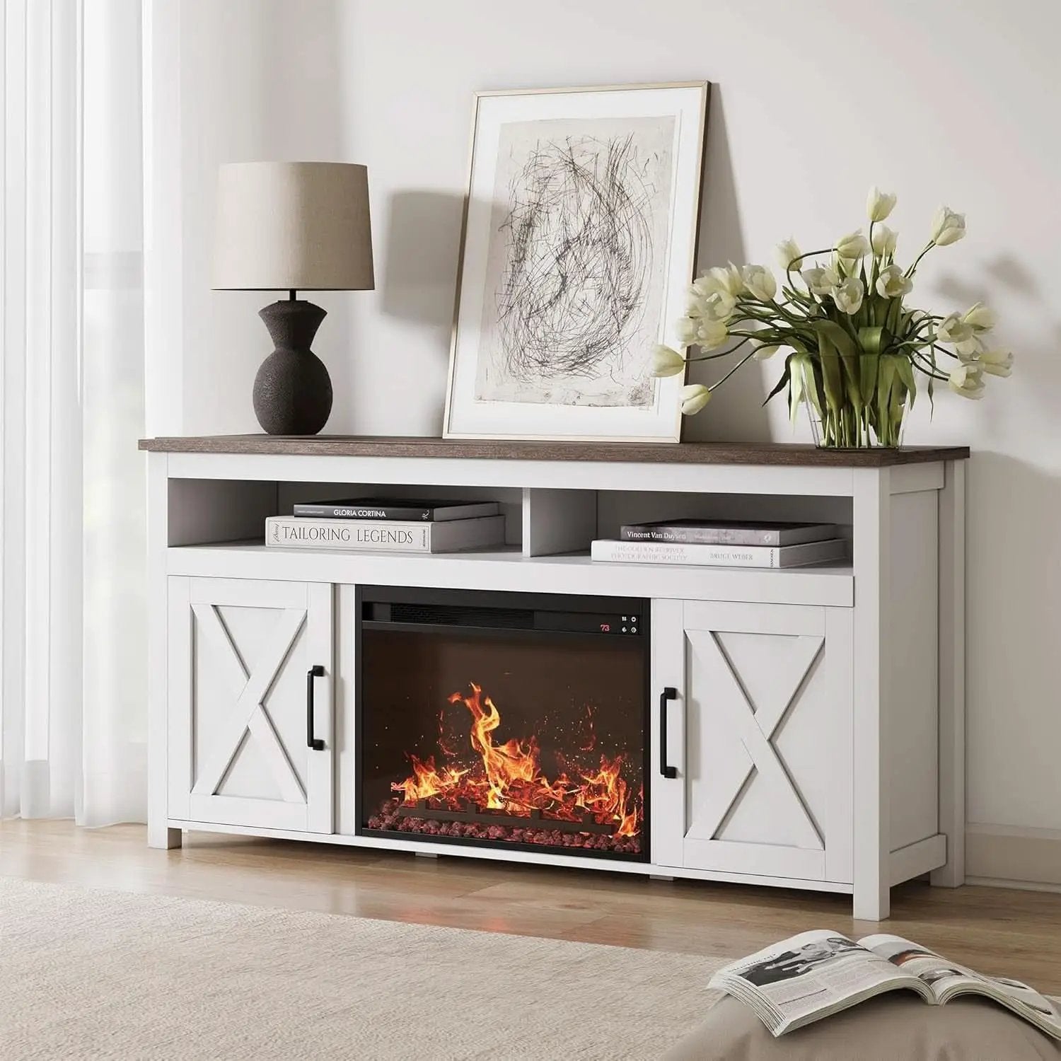 58 Inch White Farmhouse Fireplace TV Stand Cabinet from PriceLows™