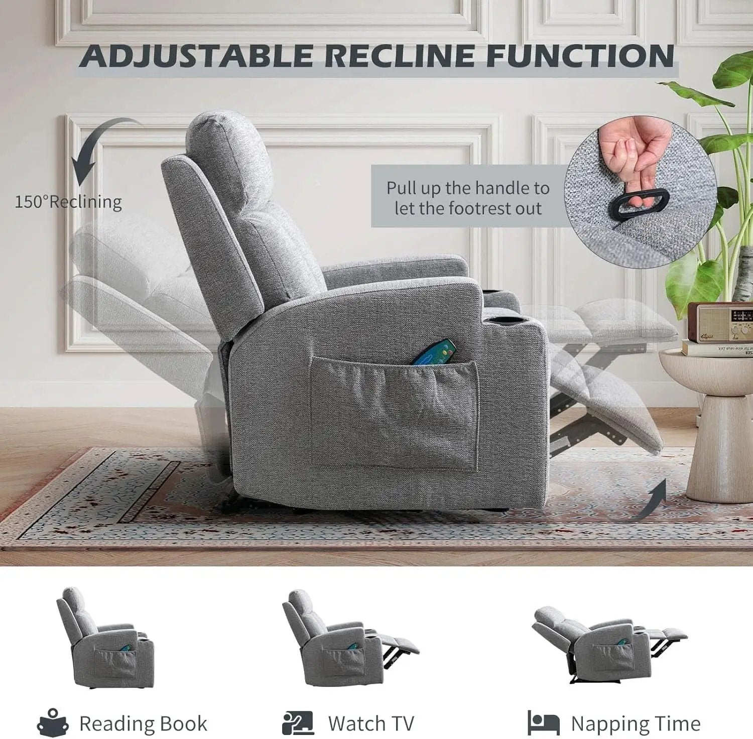 Light Grey Upholstered Manual Recliner With Massage from PriceLows™