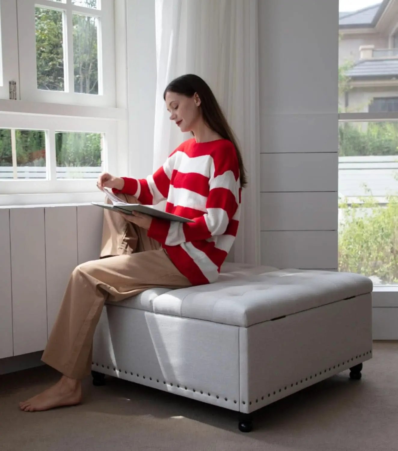 Beige Oversized Storage Ottoman Featuring Lift Top from PriceLows™