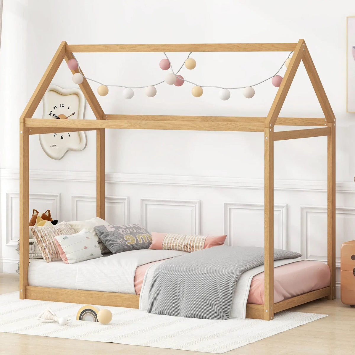Wooden House Shaped Bed | Roof-Like Structure | Low Profile Design | 78.3 Inch Length