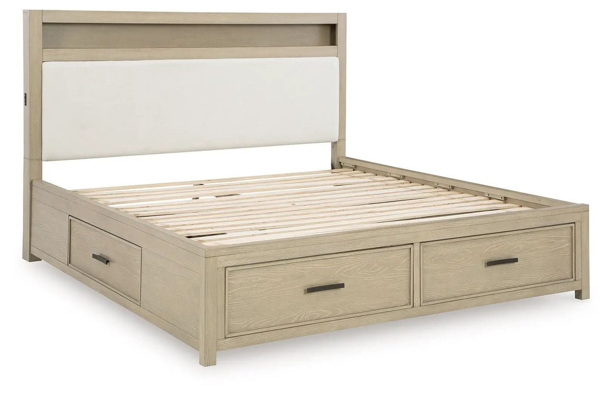 Calmoro Bookcase Storage Bed | Upholstered Panel Headboard | Gray Wash Finish | Warm Undertones