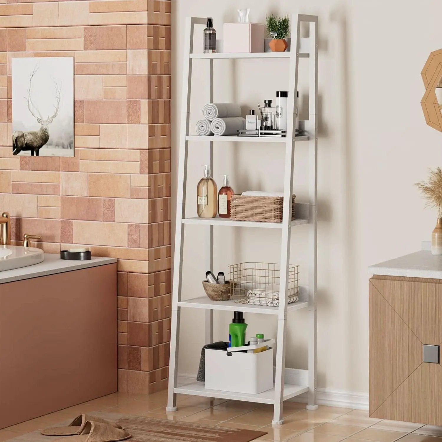5 Tier White Ladder Shelf With Removable Fabric Drawer from PriceLows™