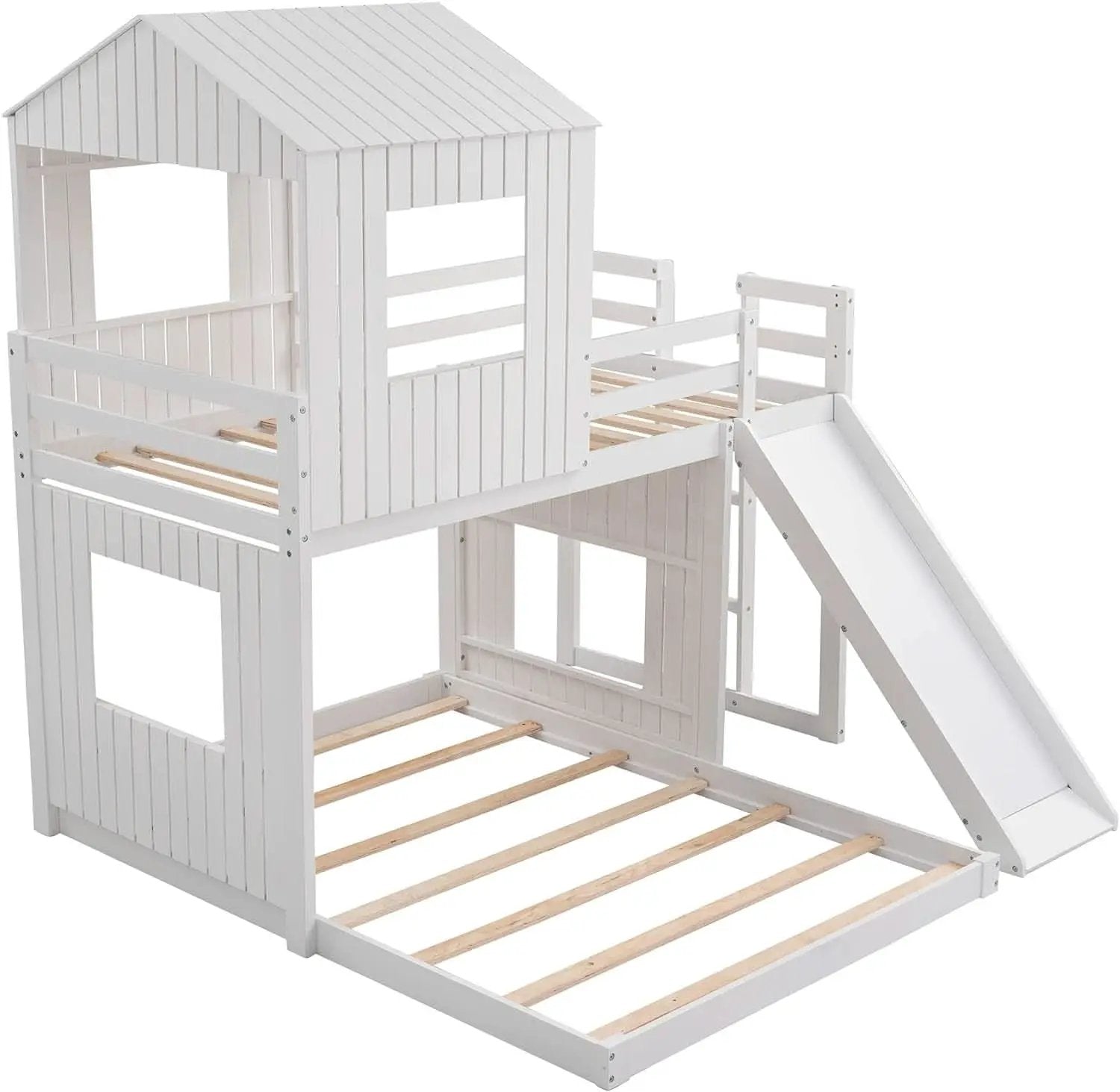 Twin Over Full Bunk Bed With Slide With Guardrails White from PriceLows™