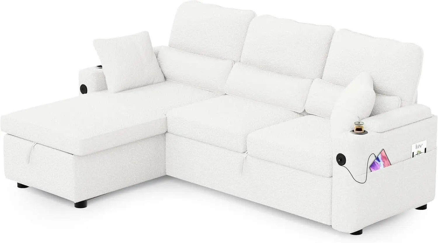 Pull Out Convertible Sofa Bed With Hidden Storage Teddy White from PriceLows™