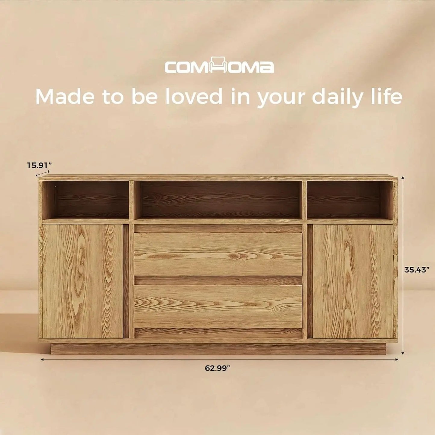 63 Inch Natural Solid Wood Sideboard With Drawers Storage from PriceLows™