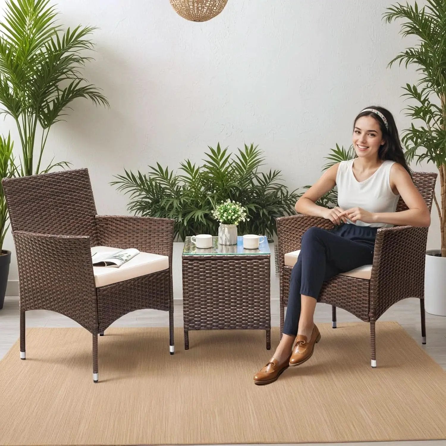3 Piece Patio Dining PE Rattan Wicker Chair Set With Cushions And Glass Coffee Table Outdoor Brown Beige from PriceLows™