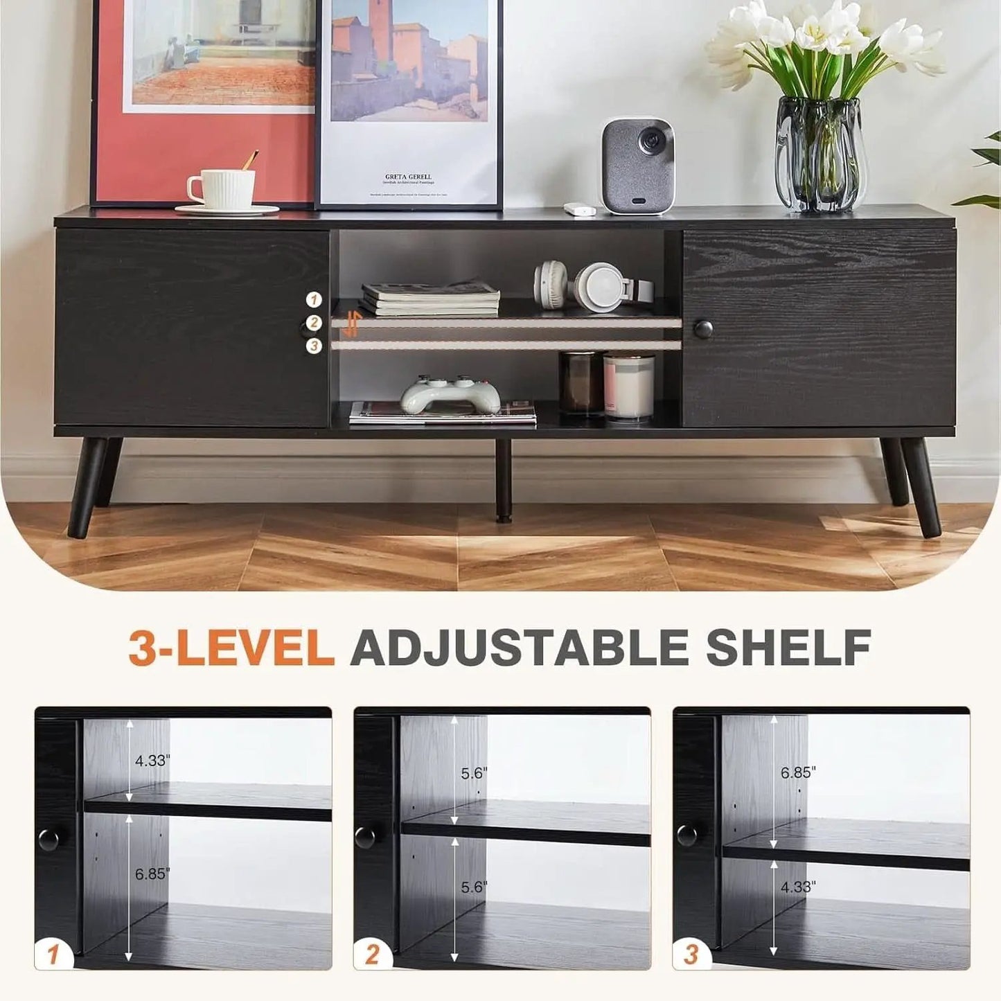 TV Stand For 55-60 Inch TVs Black With Two Cabinets Storage from PriceLows™