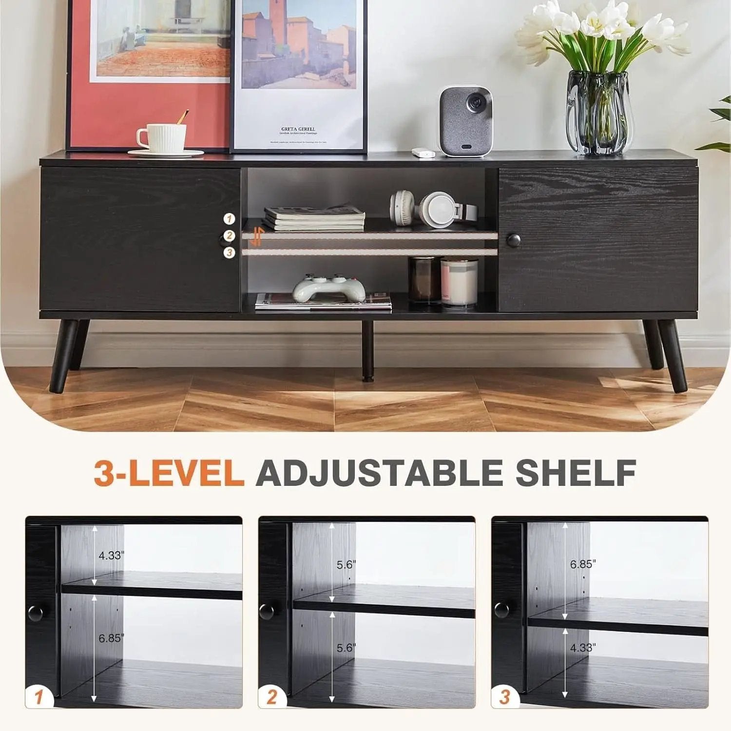 TV Stand For 55-60 Inch TVs Black With Two Cabinets Storage from PriceLows™