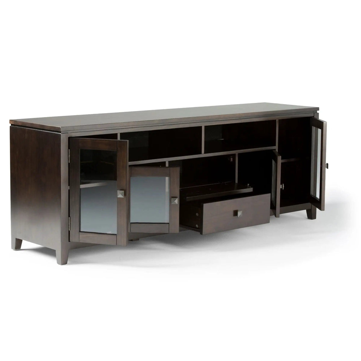 Cosmopolitan Wide TV Media Stand | 72 x 17.5 x 26 in | Solid Wood & Tempered Glass | Mahogany Brown