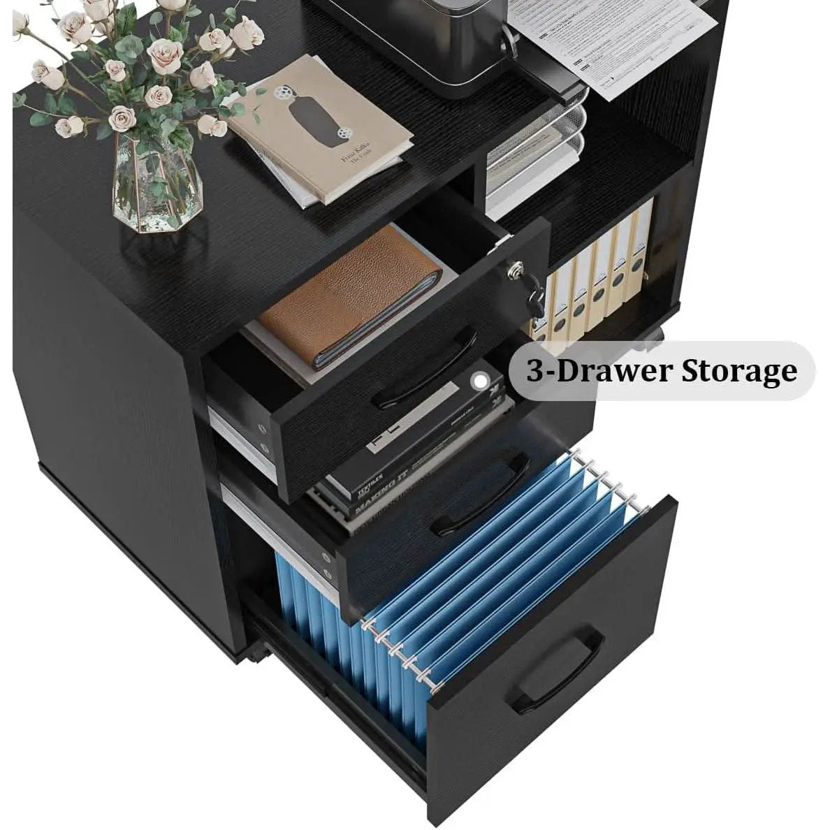 Mobile File Cabinet With Open Storage And File Drawers from PriceLows™