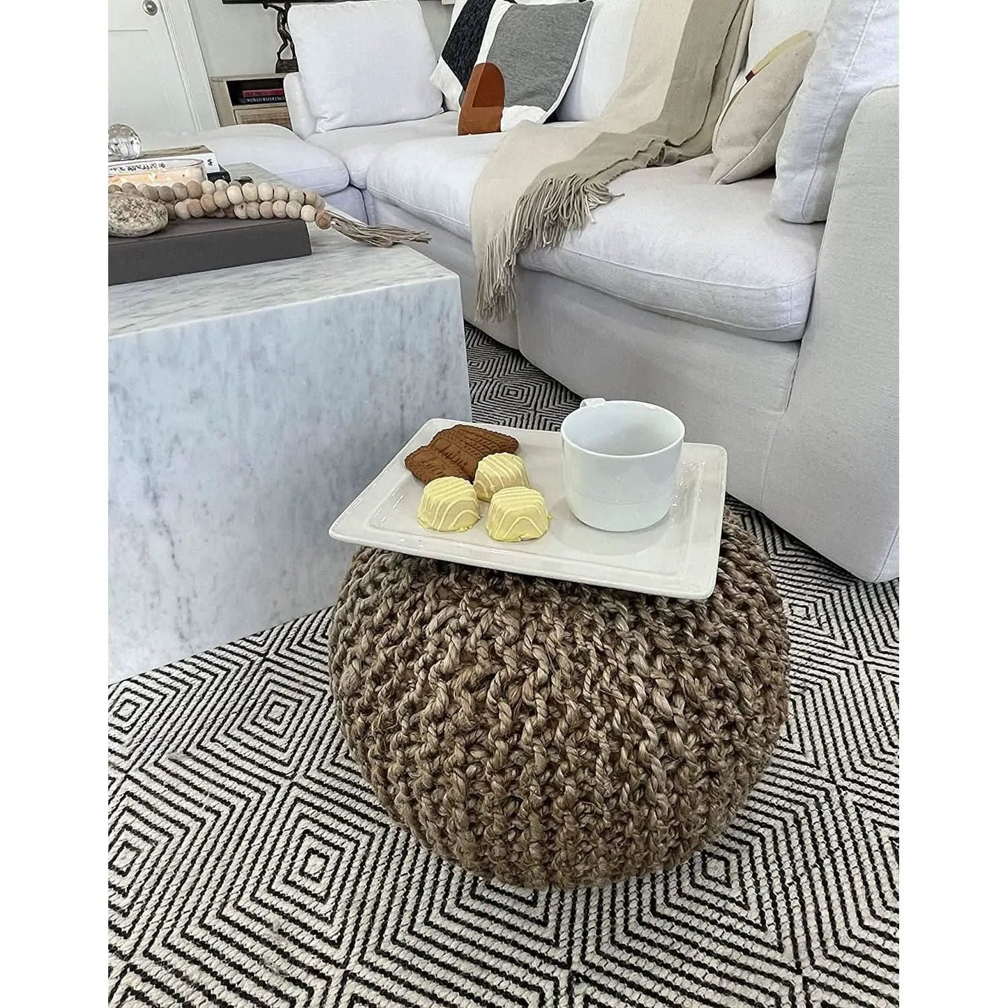 Natural Jute Braided Pouf Ottoman 14 Inch Footrest from PriceLows™