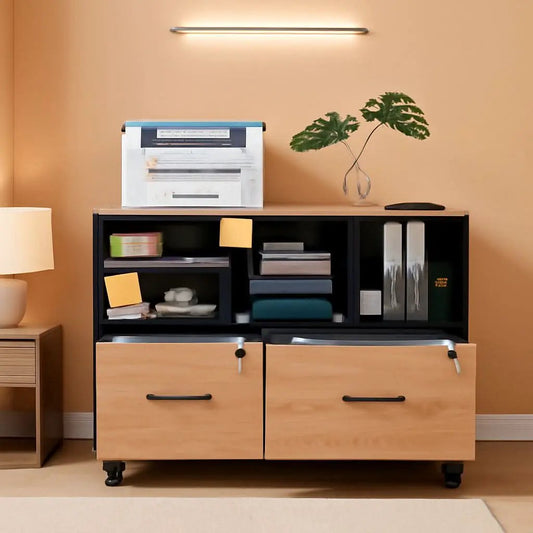 Wooden 2 Drawer File Cabinet Lockable Rolling with Adjustable Shelves Rustic Brown and Black from PriceLows™