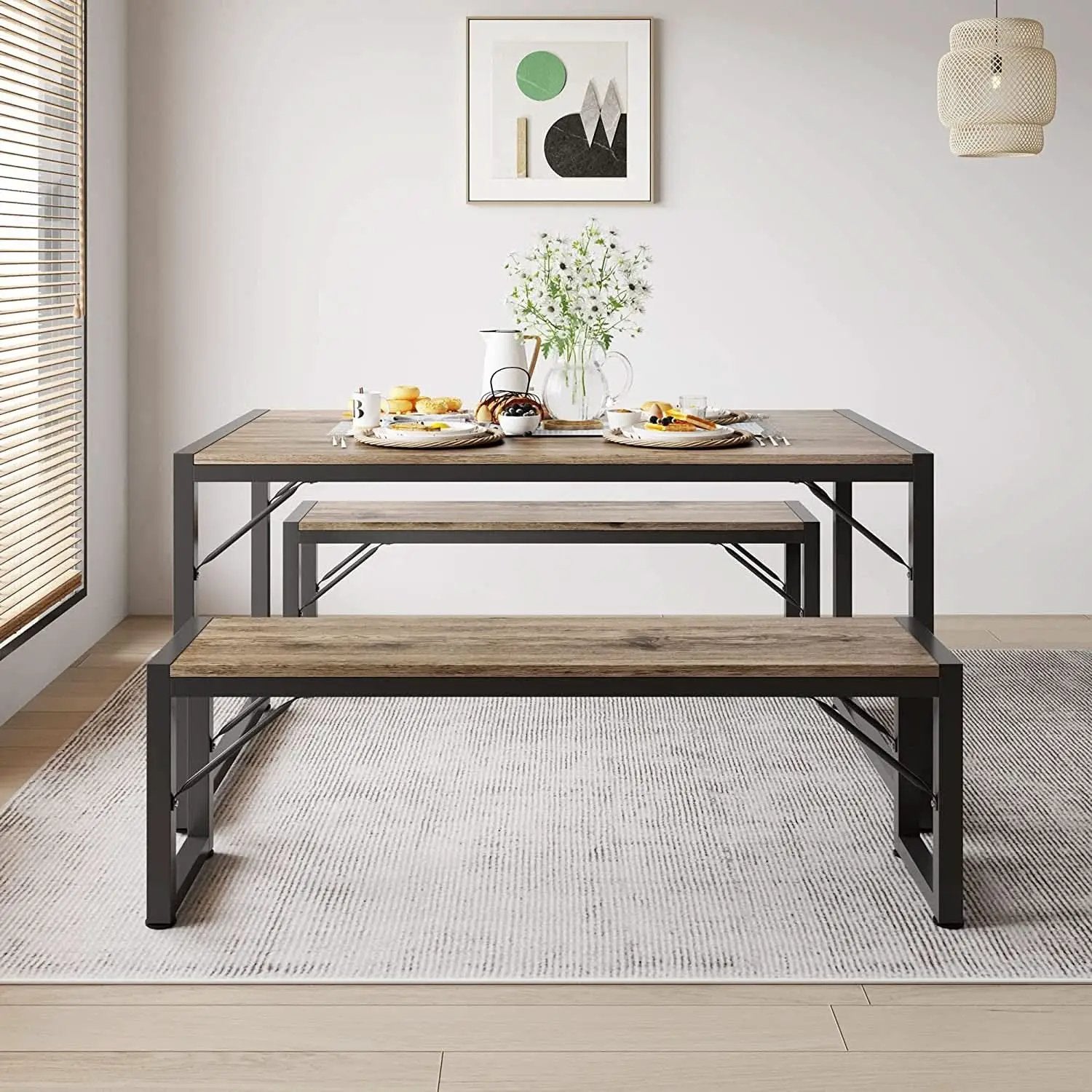 Dining Table Set For 4 With 2 Benches Gray Finish Modern from PriceLows™