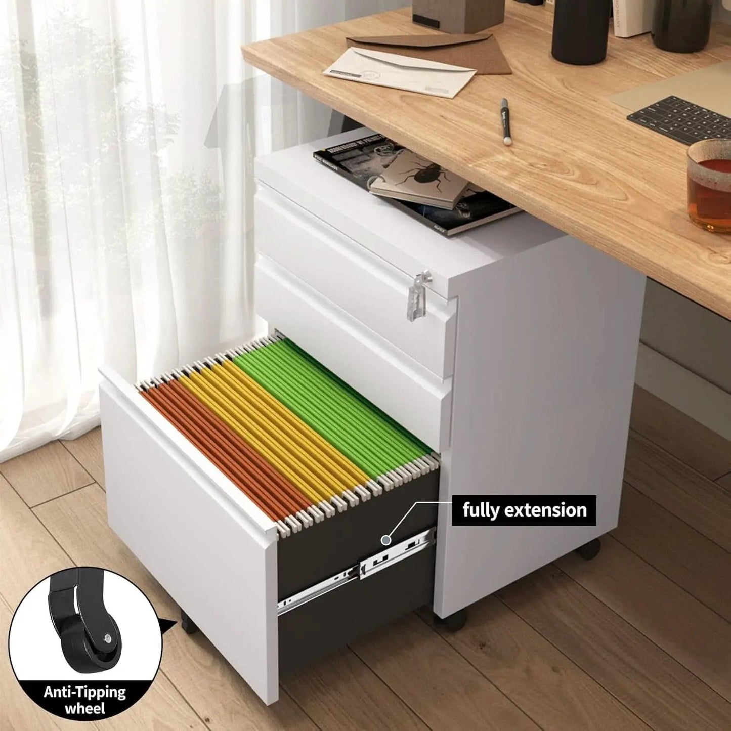 White Rolling File Cabinet With Lock Office Storage from PriceLows™