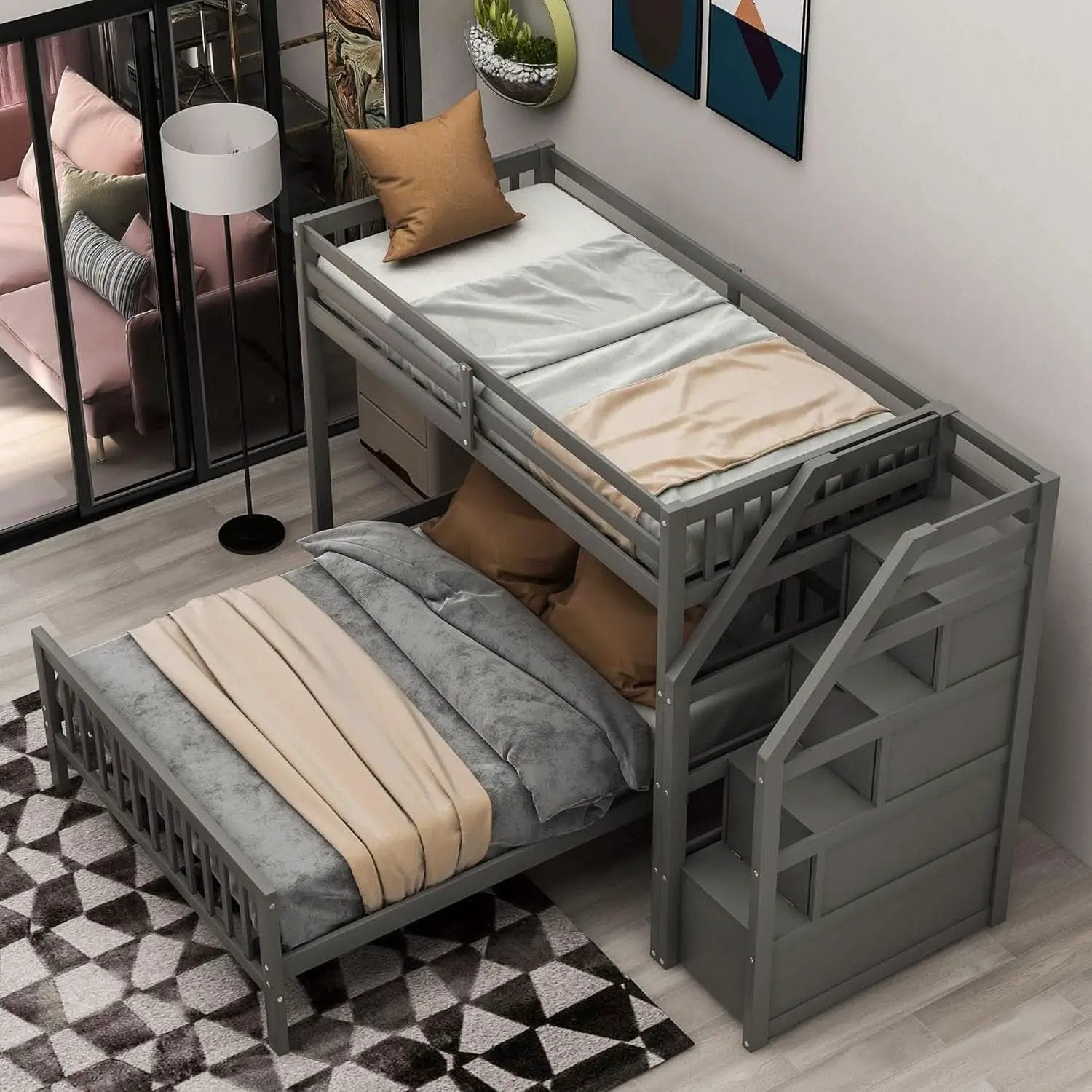 Gray Twin Over Full Bunk Bed With Storage Stairs Solid Wood from PriceLows™
