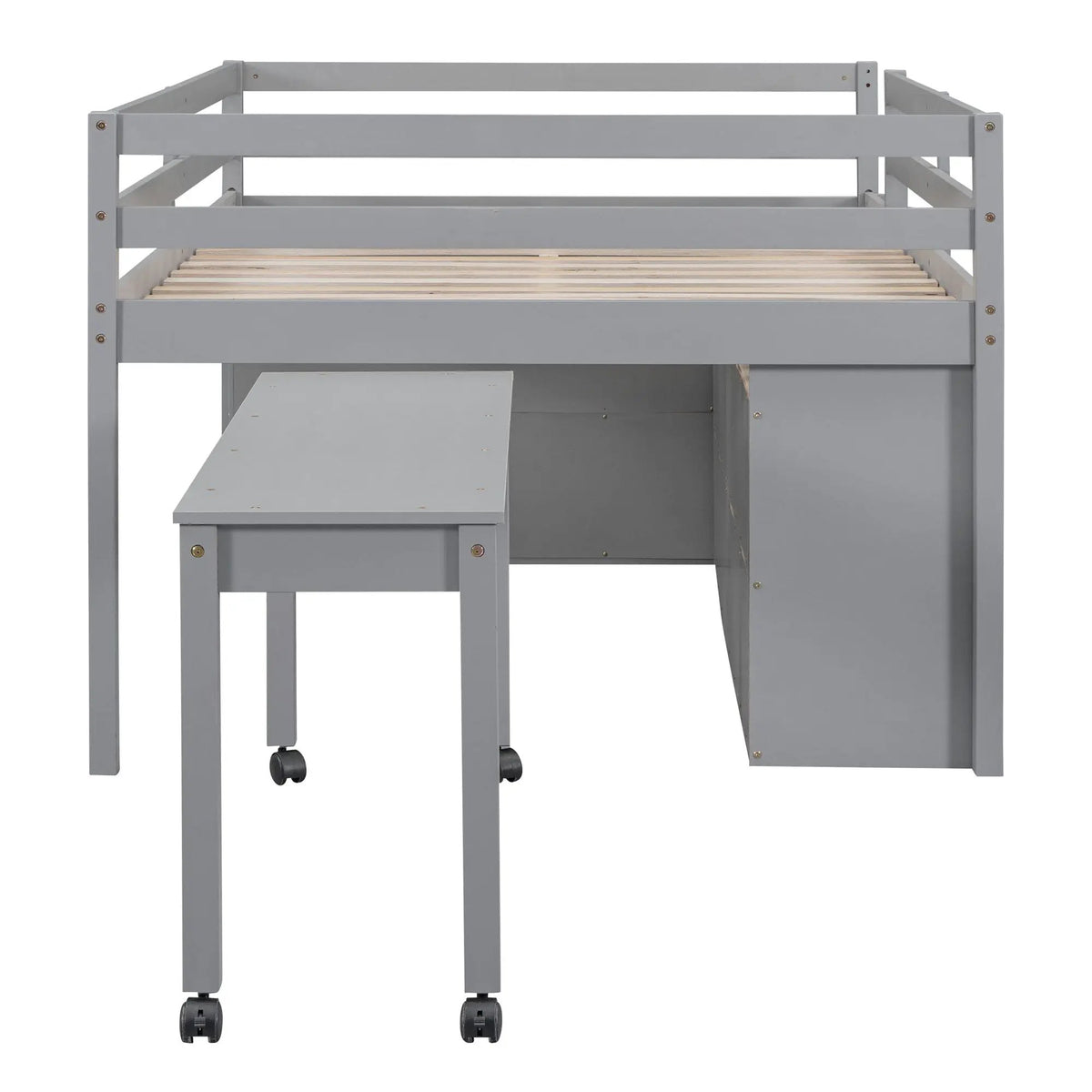Loft Bed With Retractable Desk | 4 Front Drawers | Lateral Portable Desk | Side Shelves