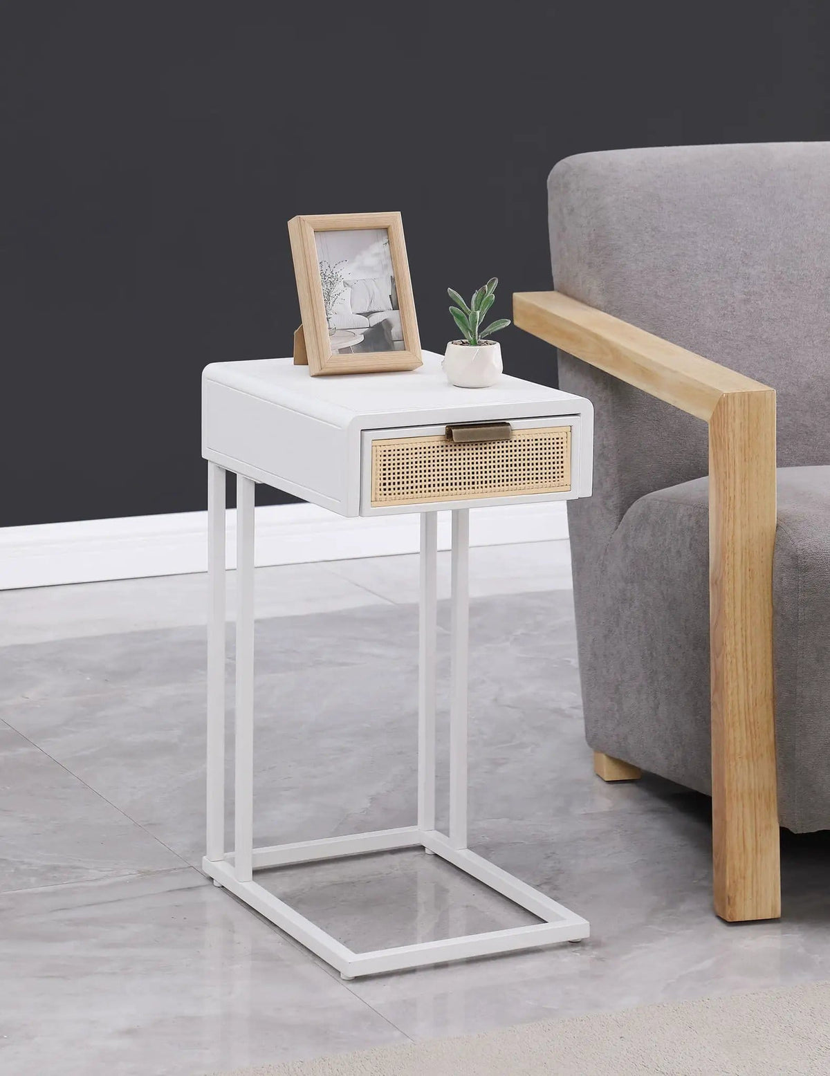 Amherst 1-drawer Radio Weave Cane Metal Side Table | 11.75 x 15.75 x 24.25 in | Metal & Veneer | White
