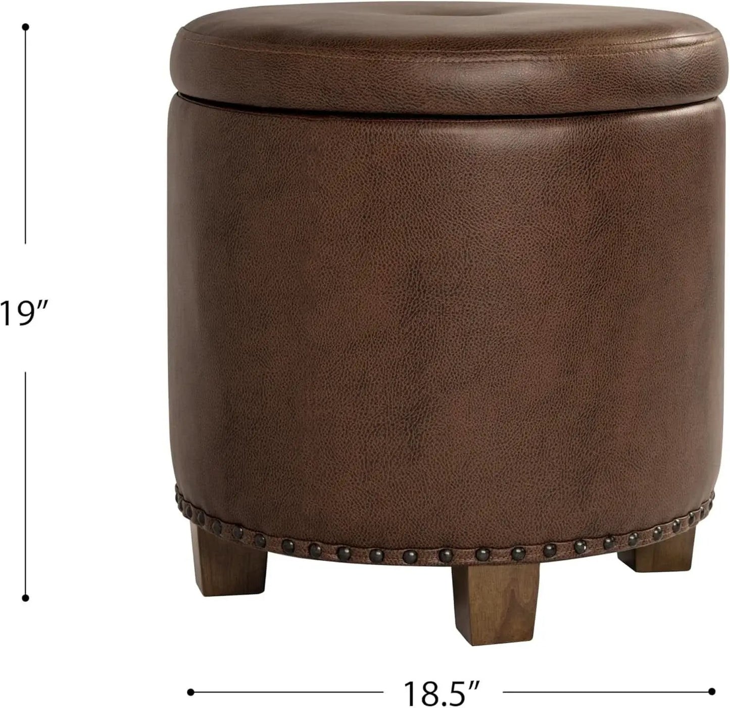 Round Storage Ottoman With Nailhead-Trim Brown Faux Leather from PriceLows™