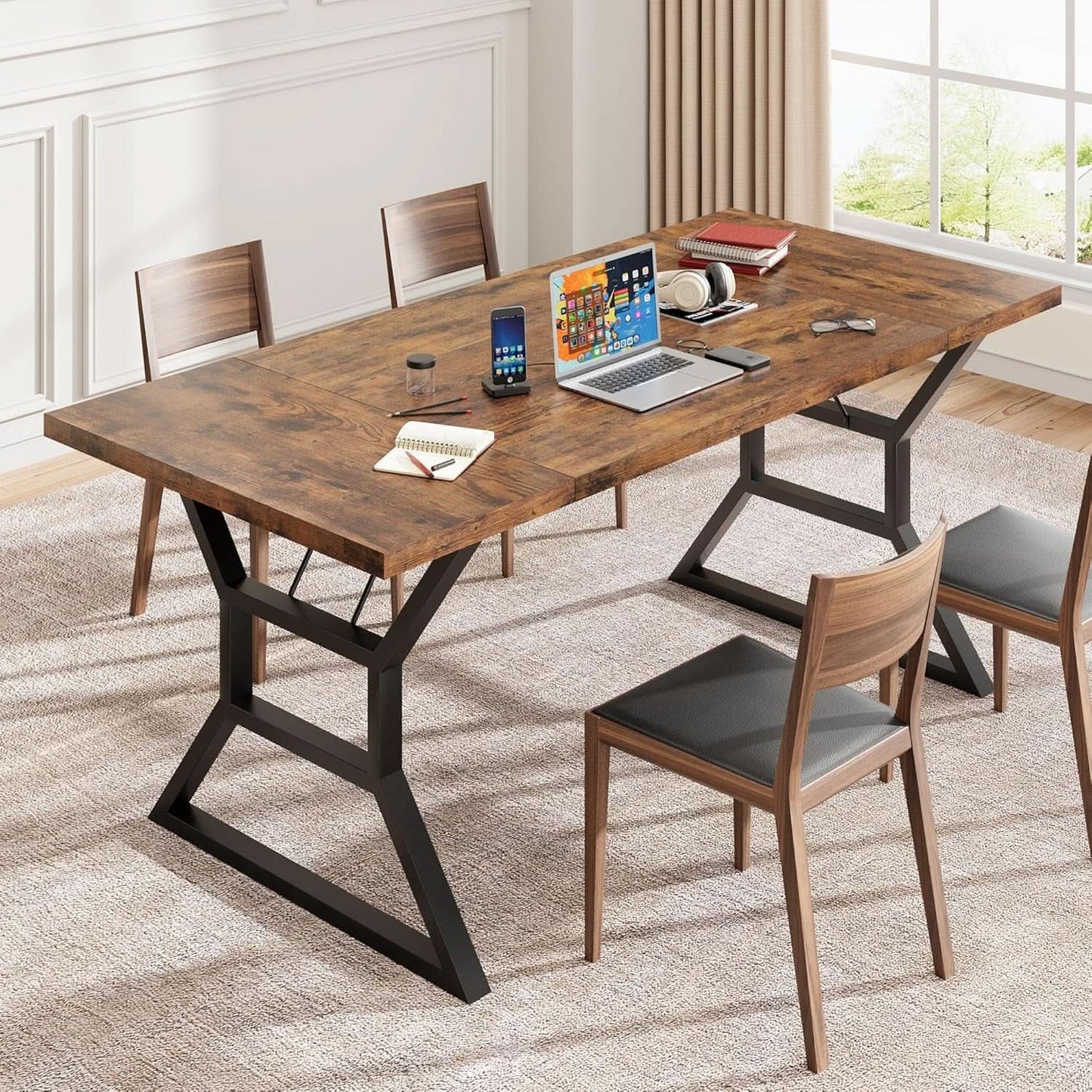70.9 Inch Farmhouse Dining Table With X Shaped Metal Legs from PriceLows™