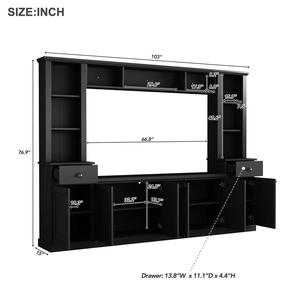 Minimalist Entertainment Wall Unit | Fits TVs Up To 75 Inch | Adjustable Bridge Height | Plank-Inspired Doors