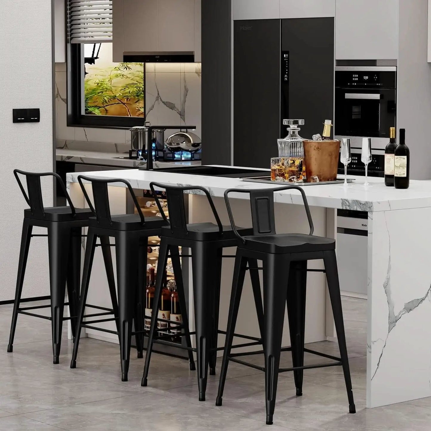 26 Inch Black Industrial Metal Bar Stools Set Of 4 For Indoor Outdoor Weather Resistant Ergonomic Comfort from PriceLows™