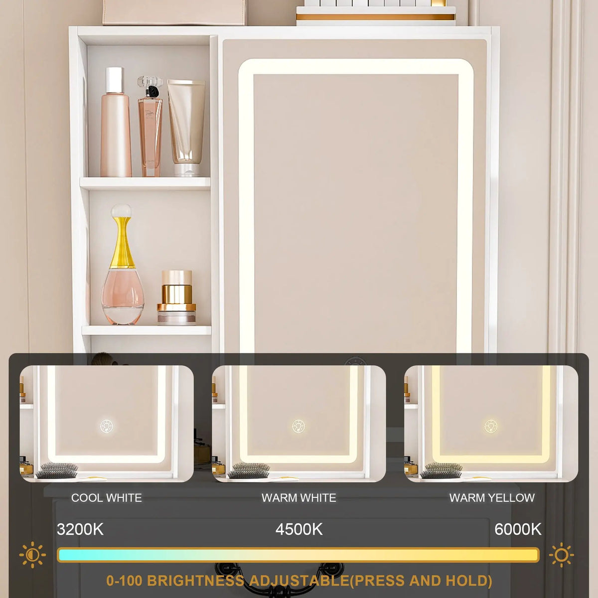 Dressing Table | Led Mirror Light | Adjustable Brightness | White Compact
