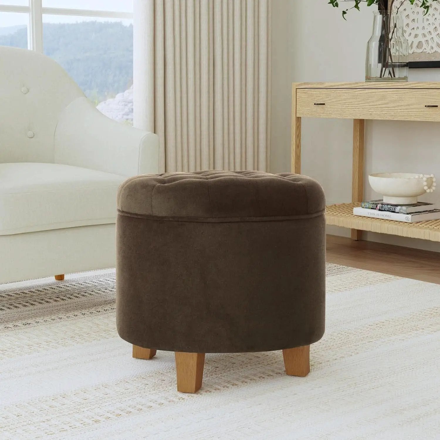Brown Velvet Upholstered Ottoman With Concealed Storage from PriceLows™