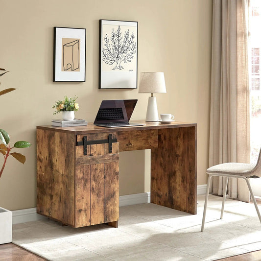 Home Office Desk One Cabinet Three Shelves Faux Barn Door On Metal Euro Hinges | 47.25 x 23.25 x 30 in | Metal & Mdf | Home Office