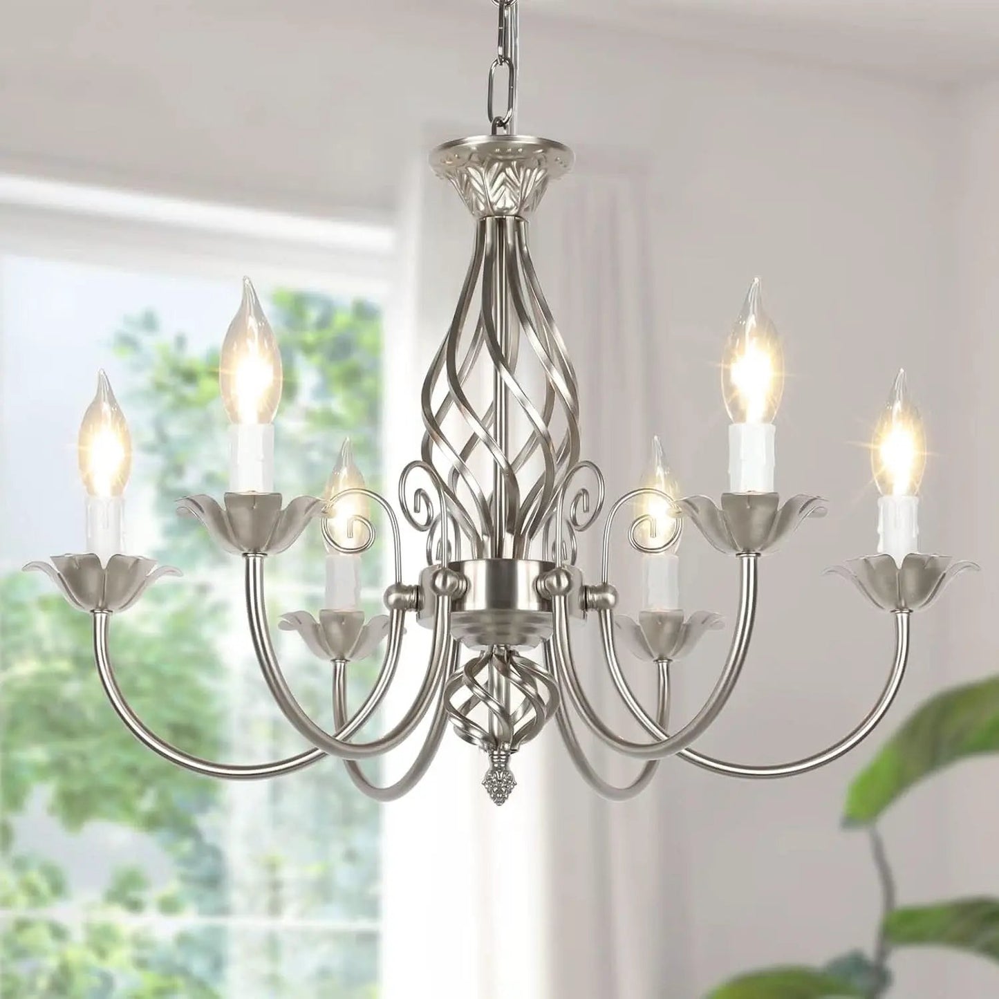 6-Light Rustic Farmhouse Candle Chandelier, Brushed Nickel from PriceLows™