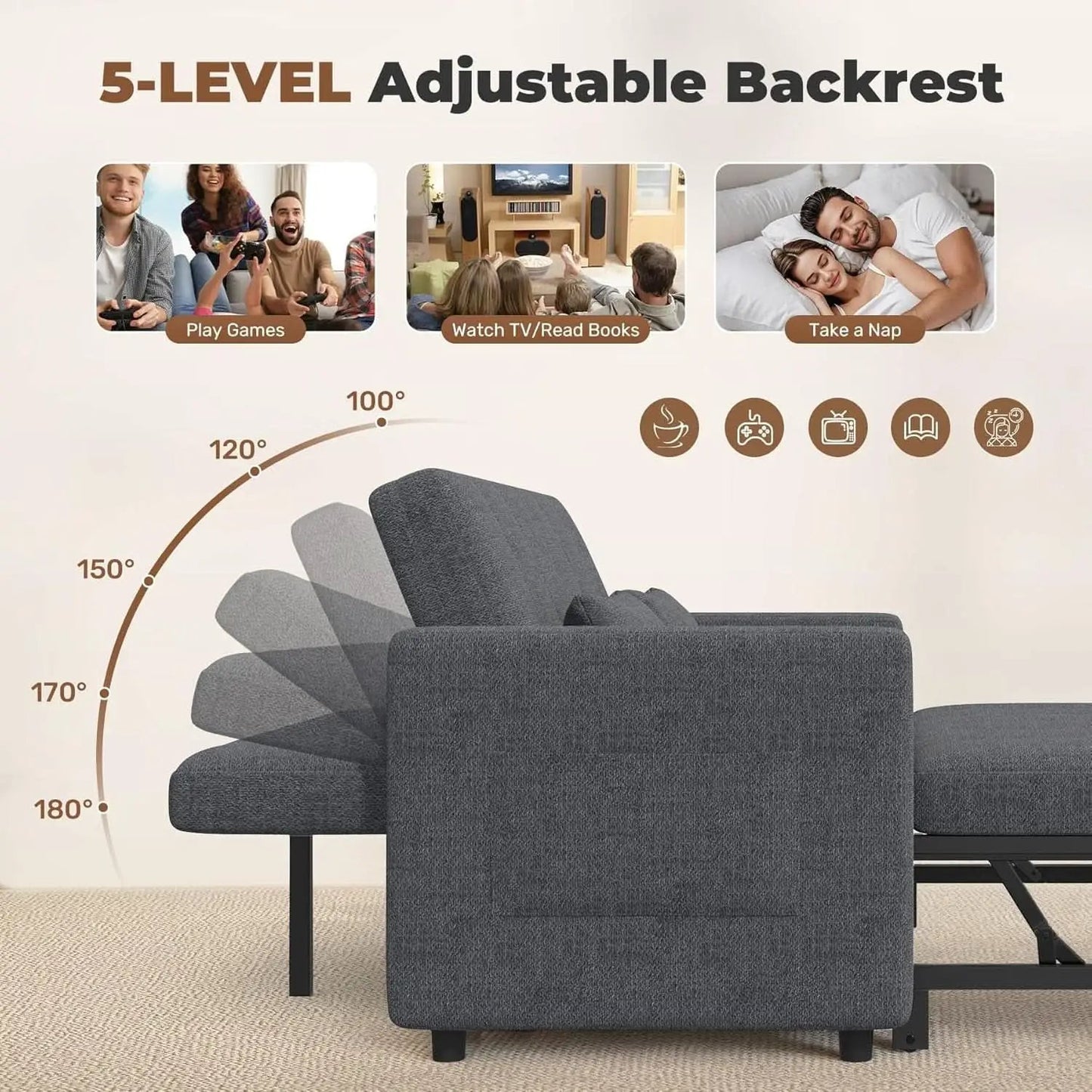 Three In One Convertible Sleeper Sofa Bed With Adjustable Backrest Light Gray from PriceLows™
