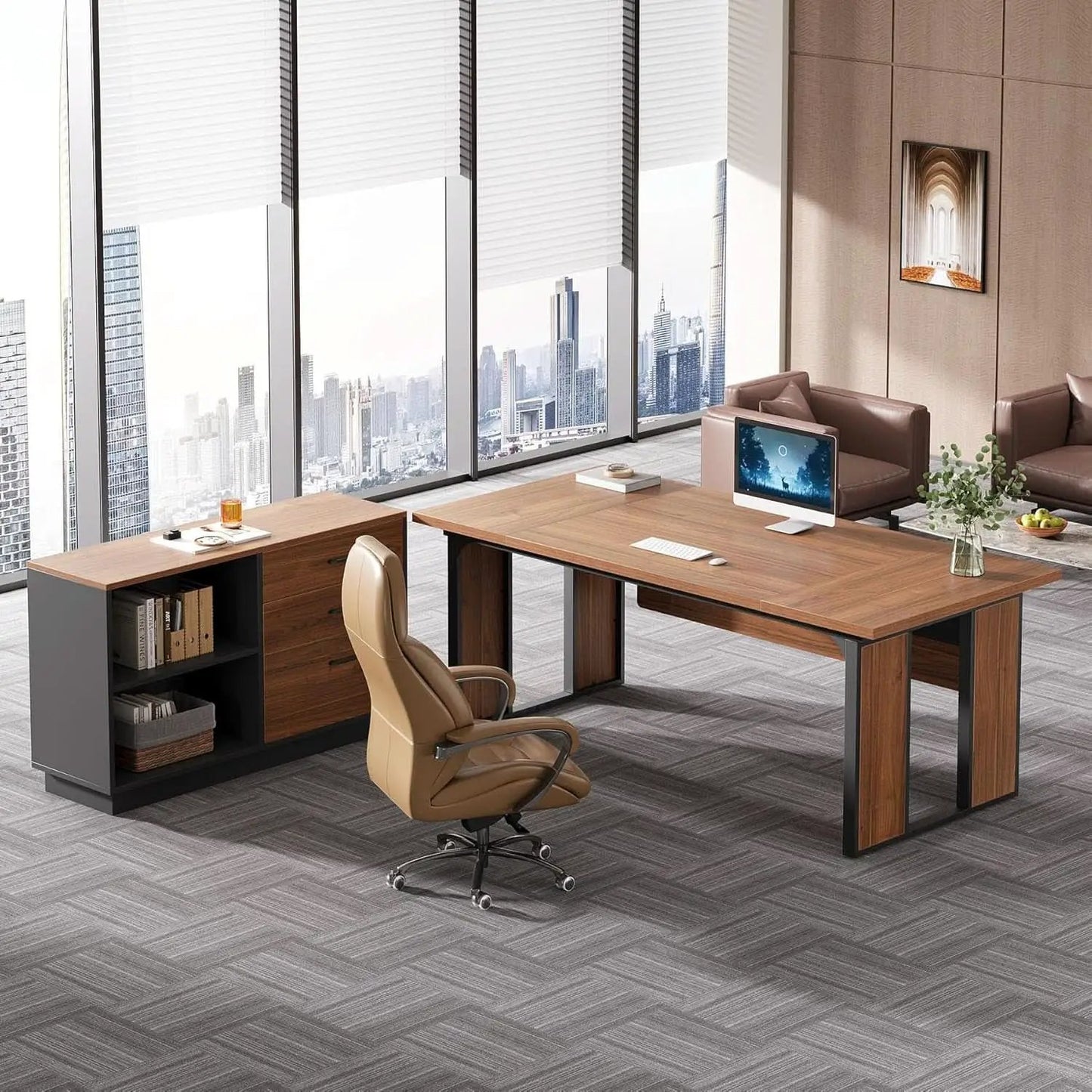 63 Inch L Shaped Executive Desk With Storage Shelves from PriceLows™