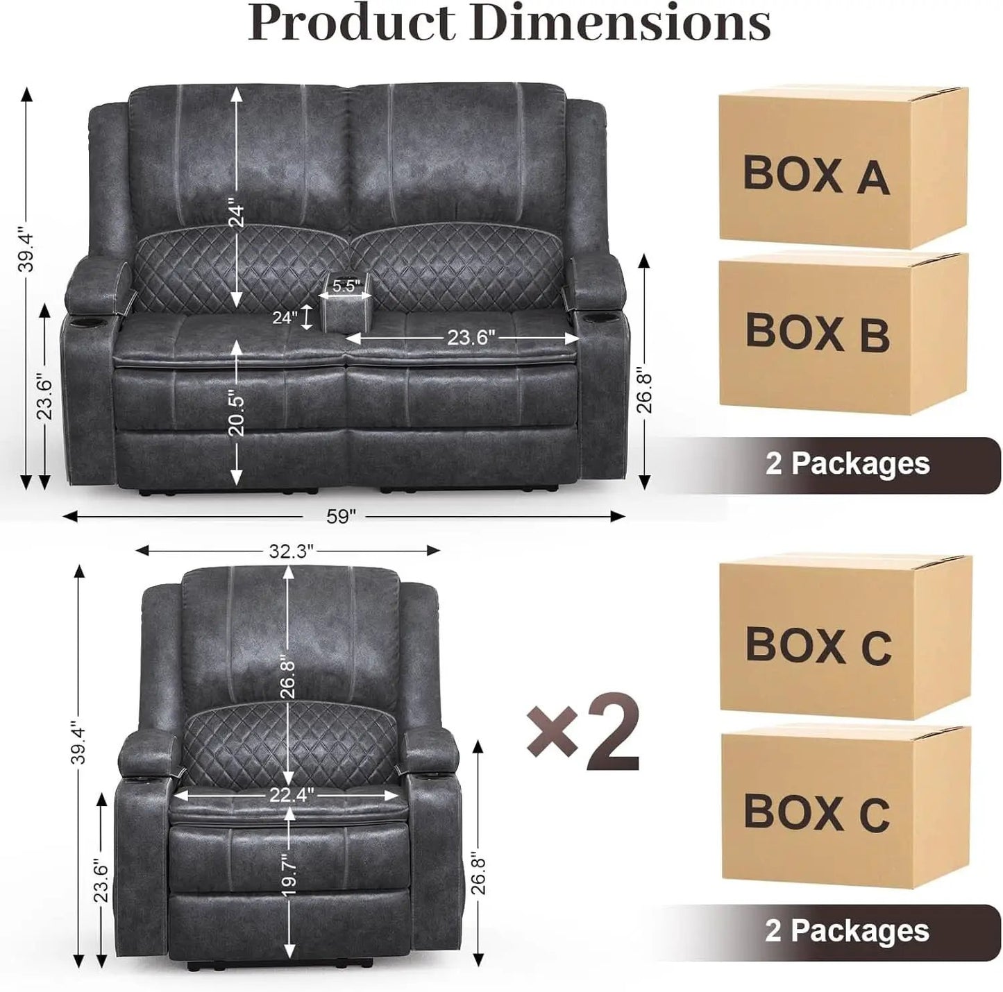 Grey Leather Reclining Loveseat Sofa Set With Console And Two Chairs from PriceLows™