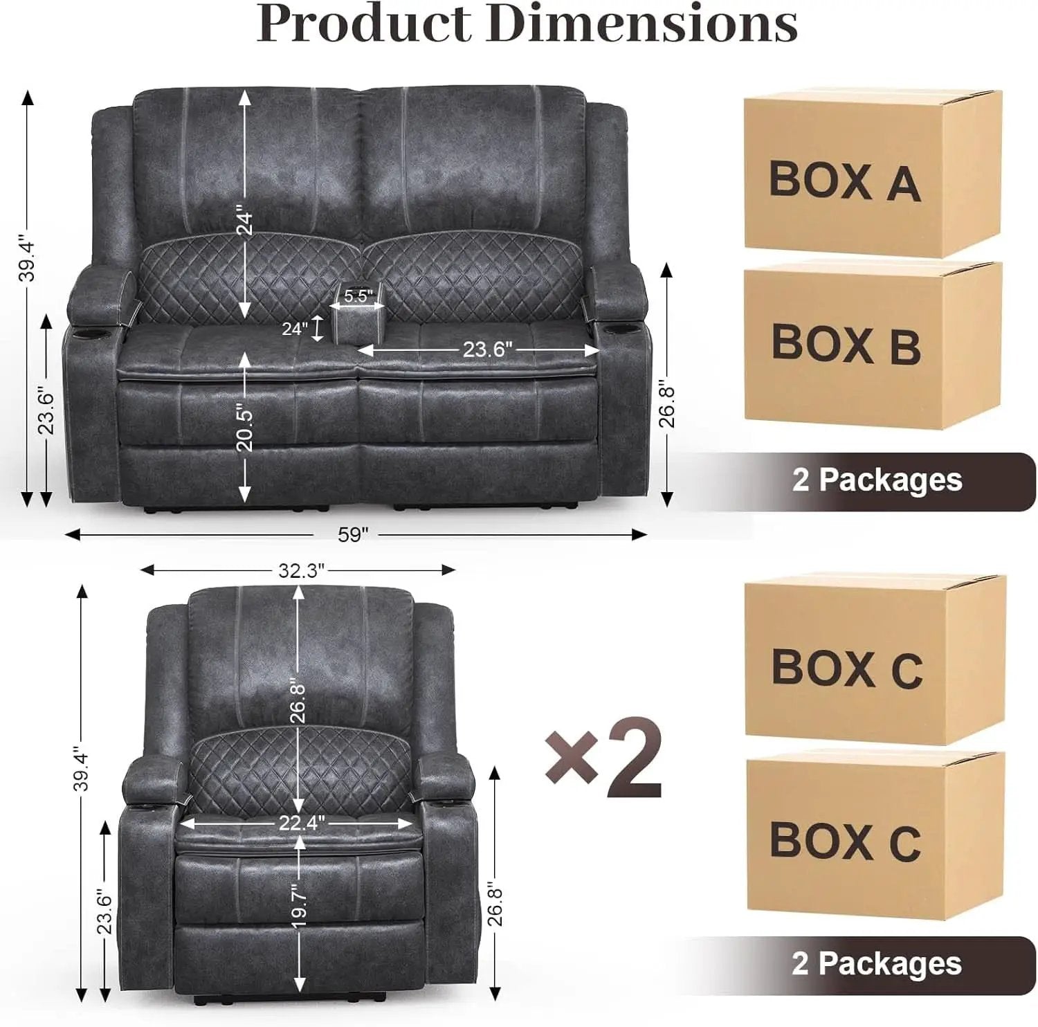 Grey Leather Reclining Loveseat Sofa Set With Console And Two Chairs from PriceLows™