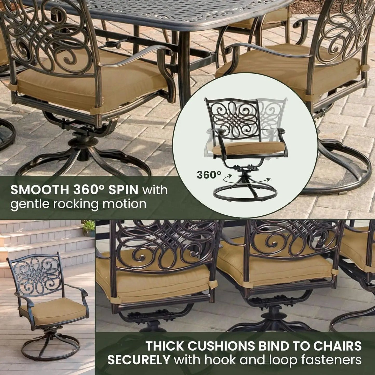 7 Piece Patio Dining Set 6 Swivel Chairs Tan Cushions 38x72 from PriceLows™