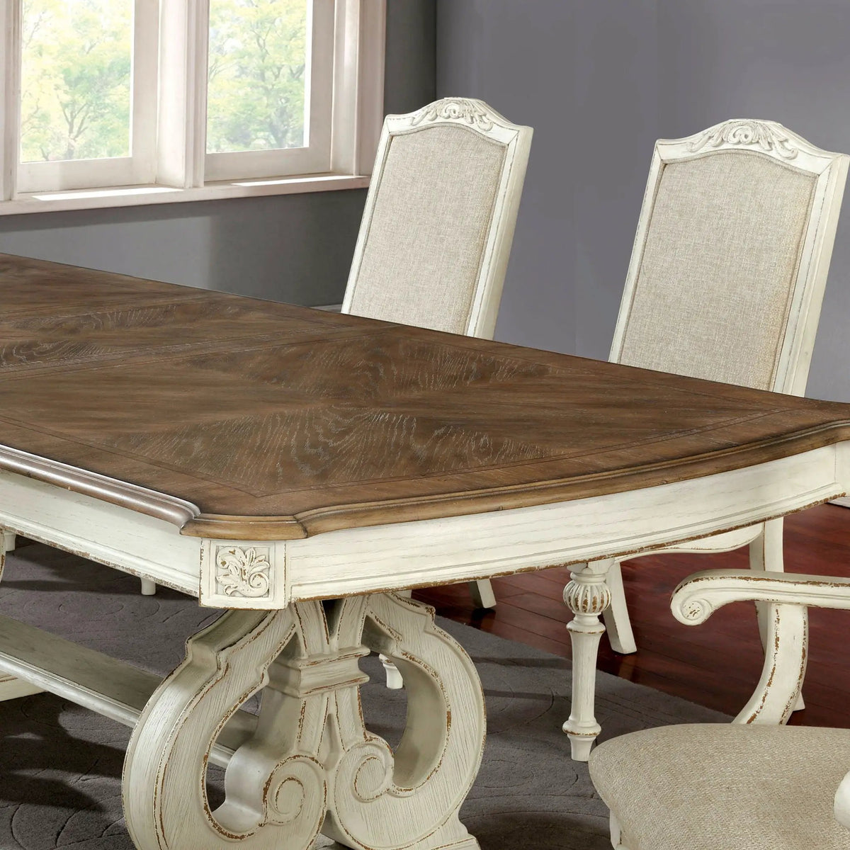 Rustic Dining Set | 96 Inch Table | Upholstered Chairs | Intricate Wood Inlay Details