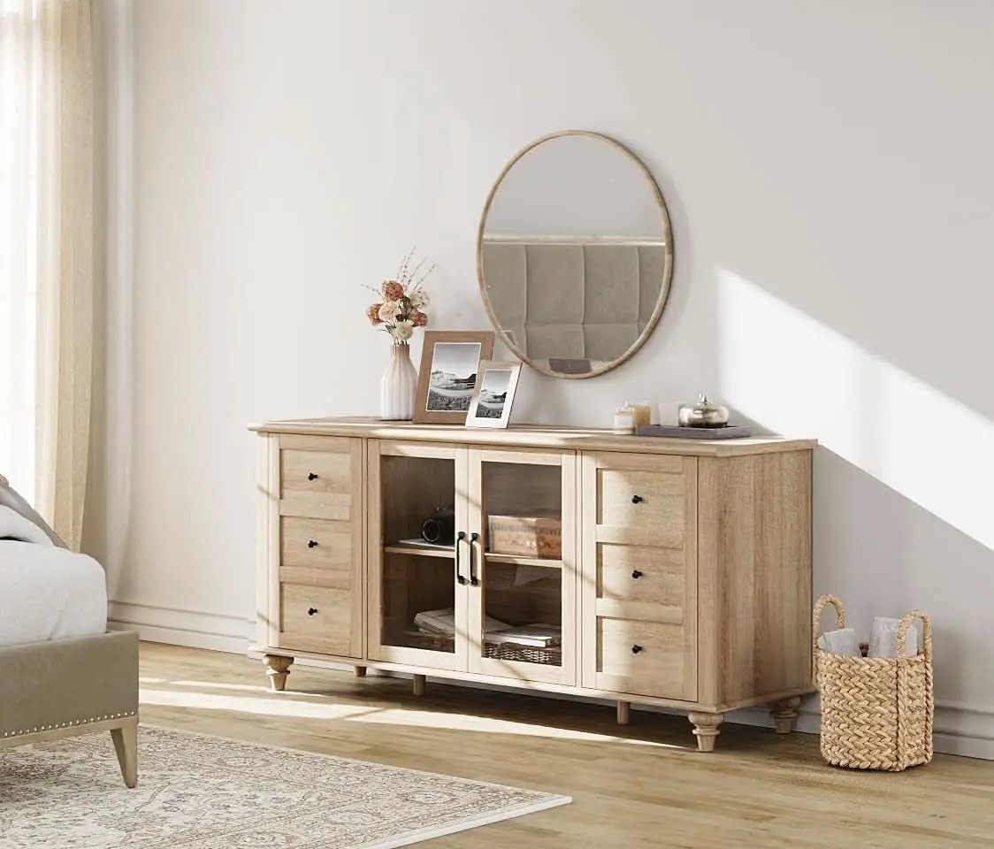 Oak Glass Door Farmhouse TV Stand For 75 Inch TVs Console from PriceLows™