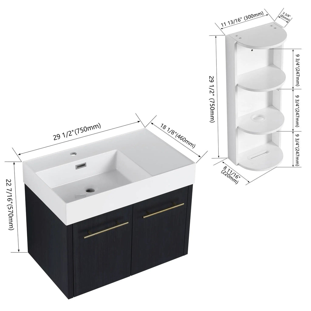Modern Wall Mounted Bathroom Vanity With Resin Sink And Storage Rack | 2 Pieces | Stainless Steel & Plywood | Bathroom