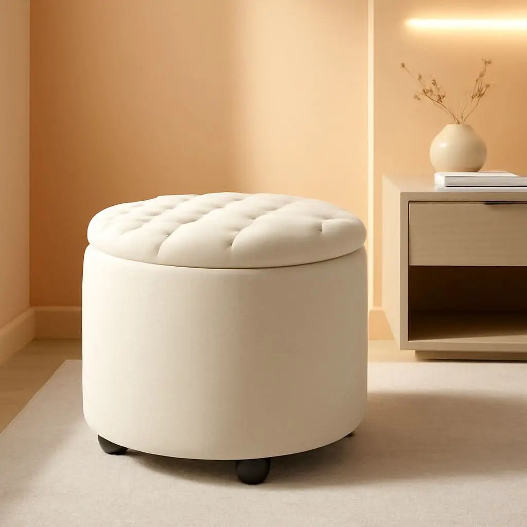 Beige Round Storage Ottoman Featuring Removable Lid from PriceLows™