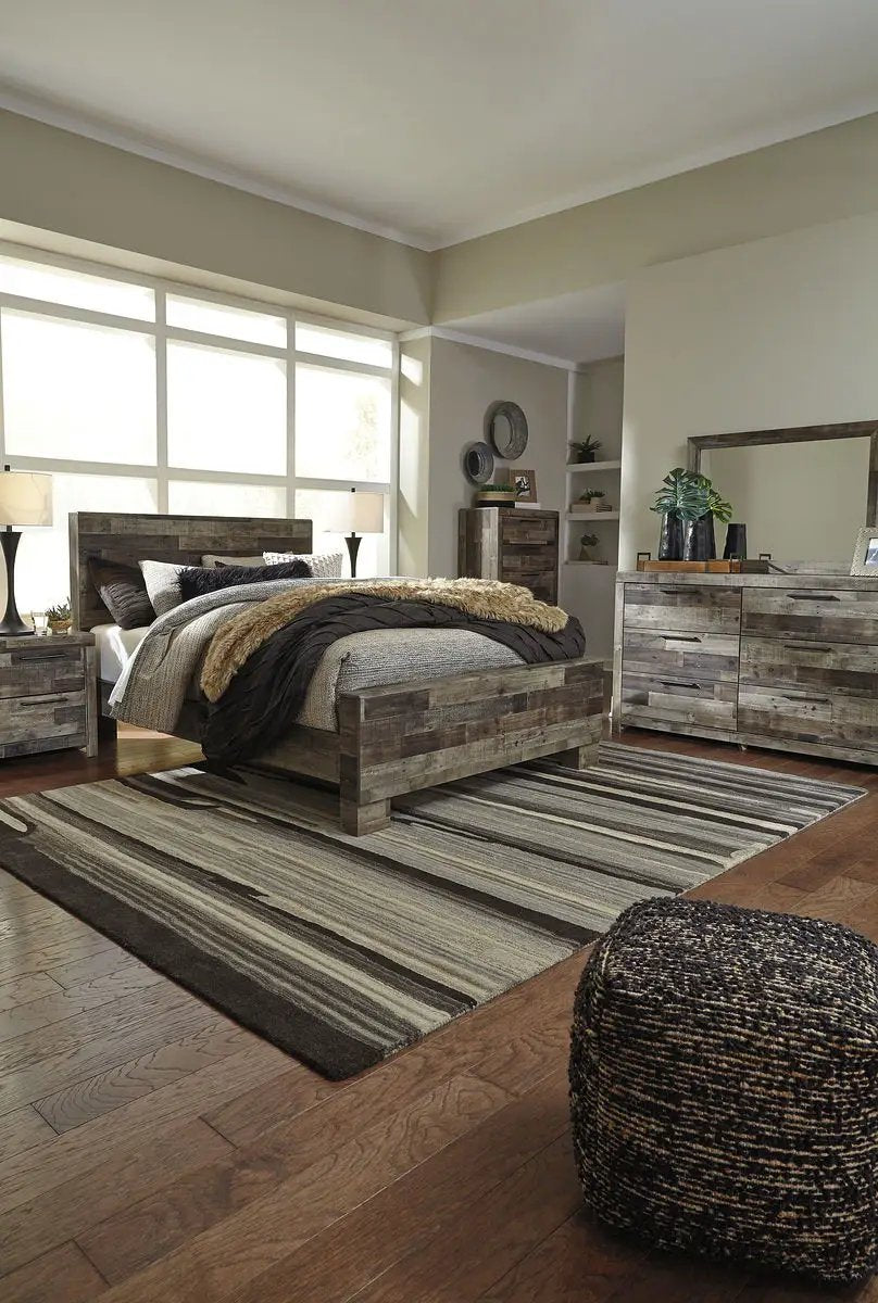 Derekson Panel Bedroom Set | 4-Piece | Rustic Butcher Block Finish | Replicated Pine Grain