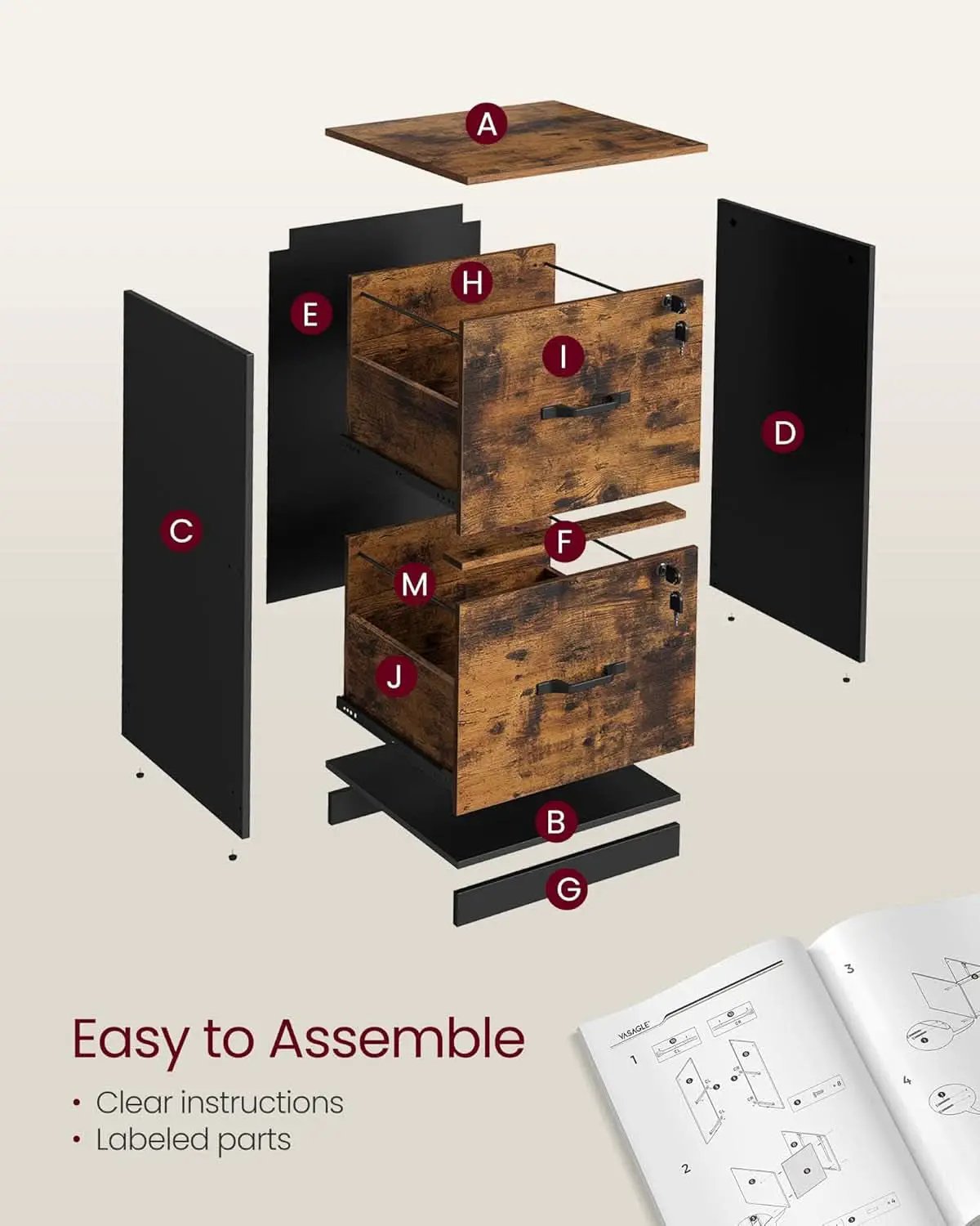 Two Drawer File Cabinet With Lock Printer Stand For A4 And Letter Size Files Rustic Brown And Black from PriceLows™