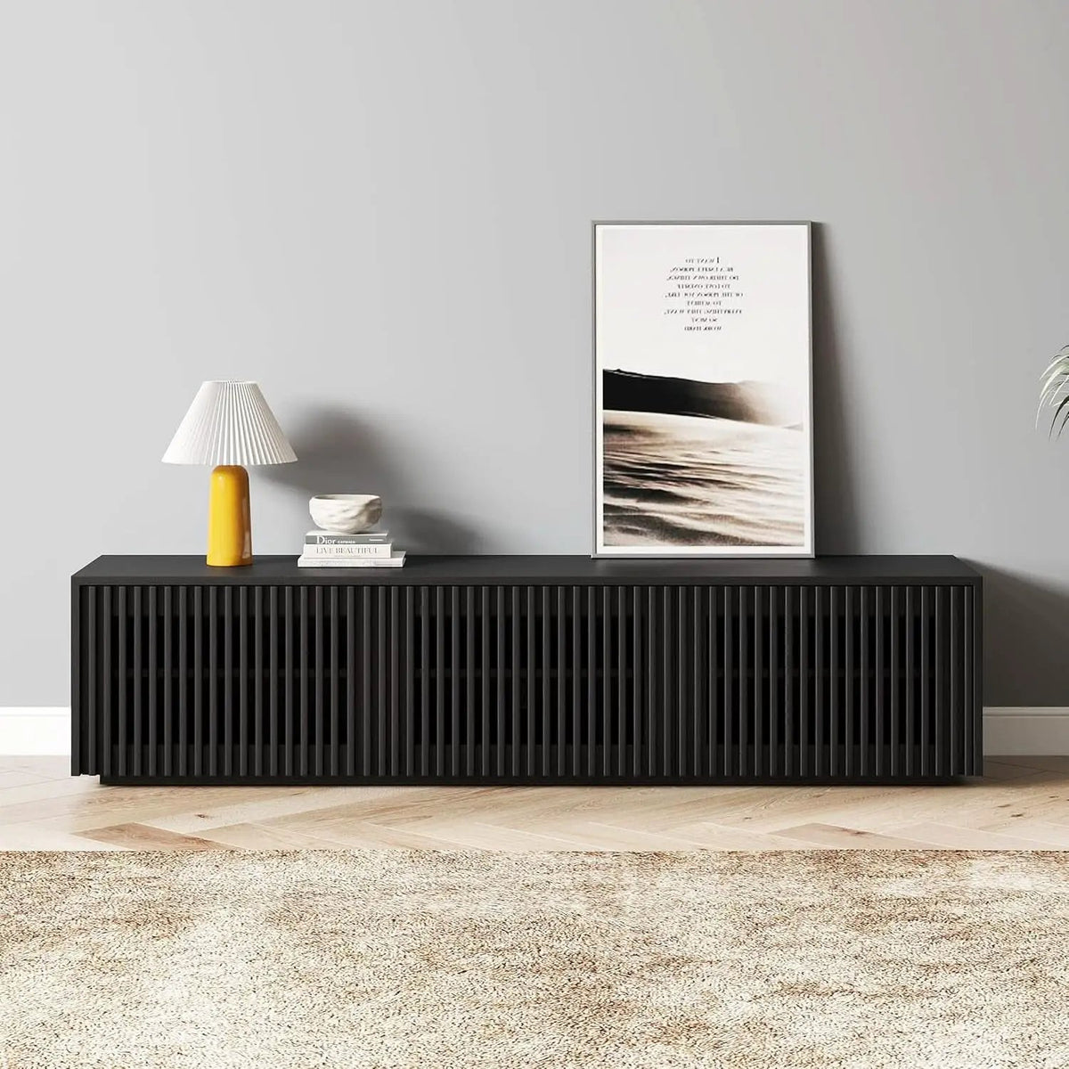 65 Inch Black Solid Wood TV Stand With Oak Veneer Finish from PriceLows™