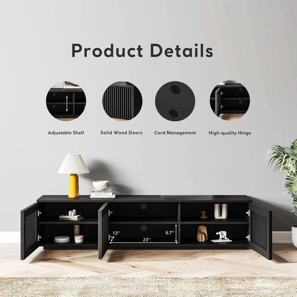 65 Inch Black Solid Wood TV Stand With Oak Veneer Finish from PriceLows™