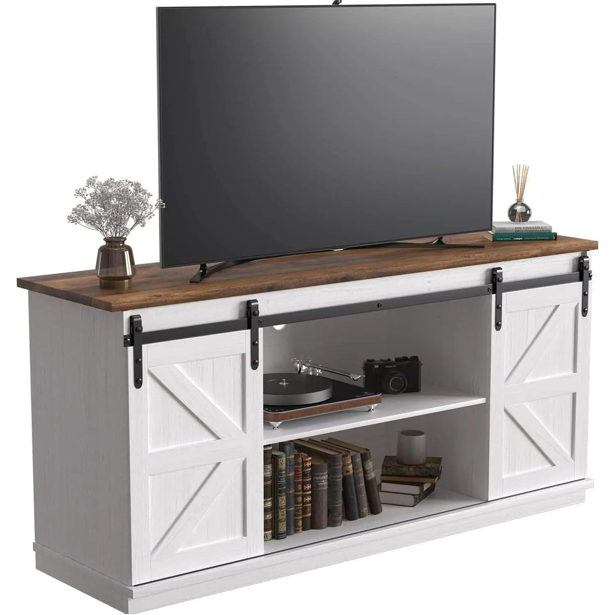 65 Inch Farmhouse TV Stand With Sliding Barn Doors from PriceLows™